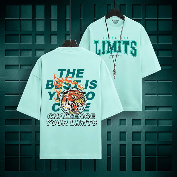 Juxar plain white cotton oversized t-shirt with bold graphic print and challenge your limits slogan