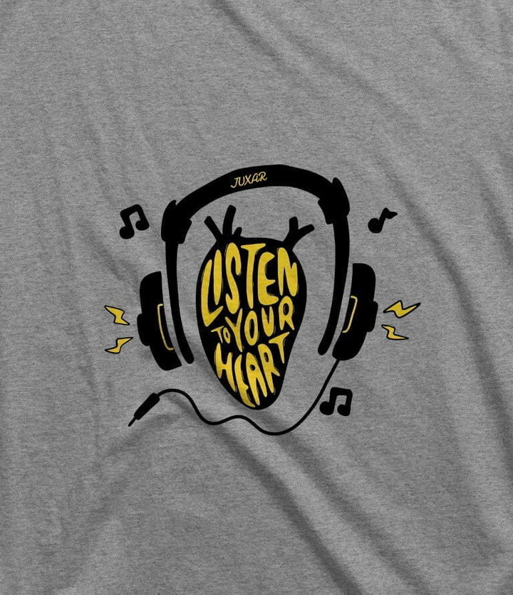 Juxar gray premium cotton t shirt with Listen to Your Heart graphic and headphones design