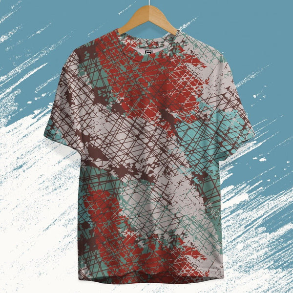 Juxar printed premium cotton t-shirt for men with abstract red and teal design