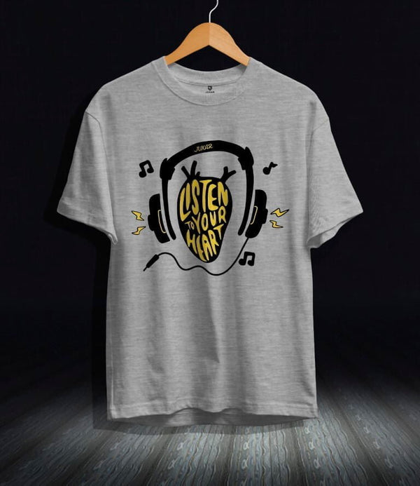 Juxar premium cotton t shirt in gray with Listen to Your Heart headphone graphic design