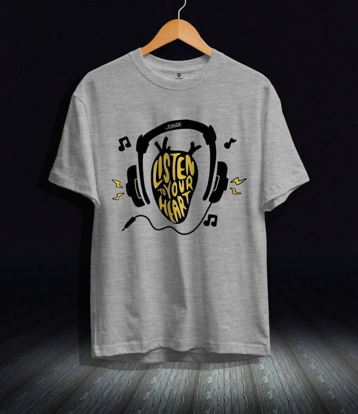 Juxar premium cotton t shirt in gray with Listen to Your Heart headphone graphic design