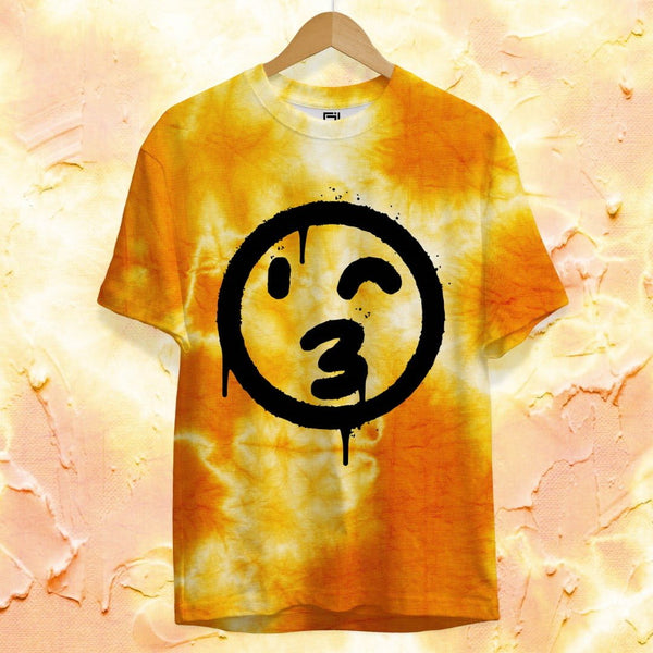 Juxar printed cotton t-shirt for men in yellow tie-dye with winking face graphic design