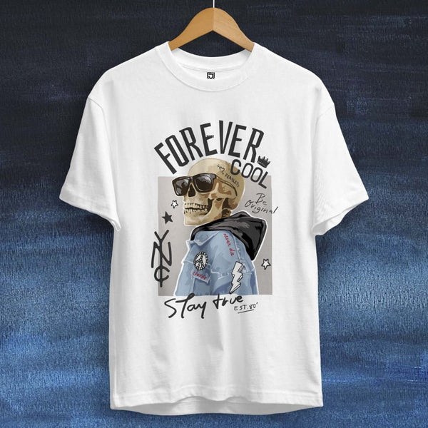 Juxar printed cotton t shirt for youth with skull graphic wearing sunglasses and jacket