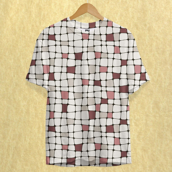 Juxar printed streetwear t-shirt with abstract white and brown grid pattern on a short sleeve tee