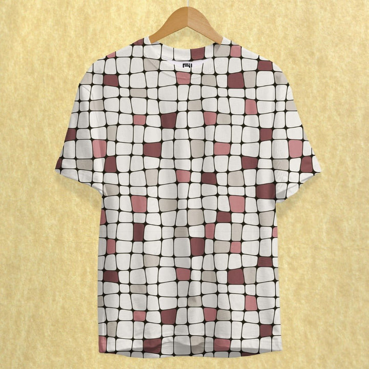 Juxar printed streetwear t-shirt with abstract white and brown grid pattern on a short sleeve tee