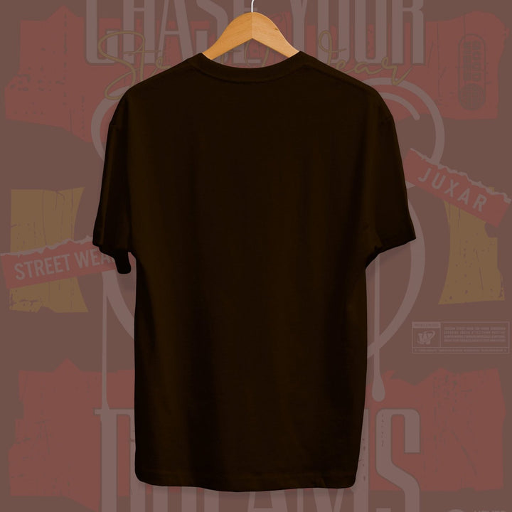 Juxar pure cotton round neck t shirt in black displayed on a wooden hanger showing back side