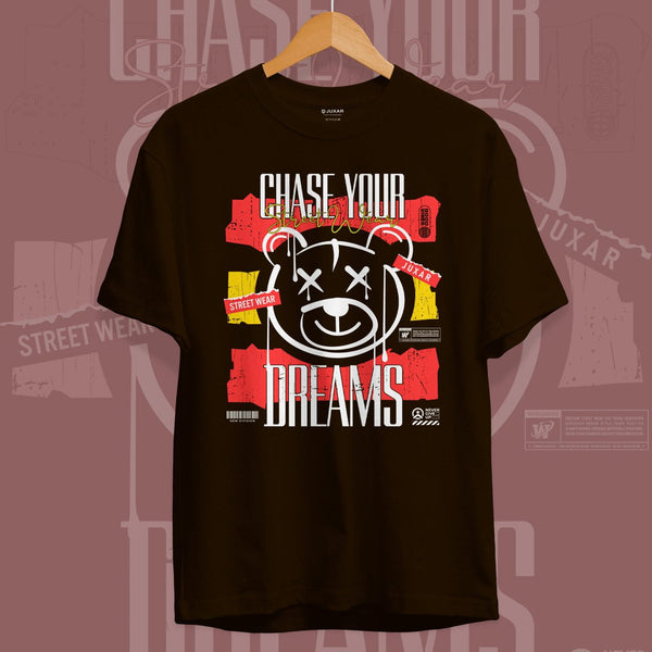 Juxar black pure cotton round neck t shirt with chase your dreams graphic and bear design