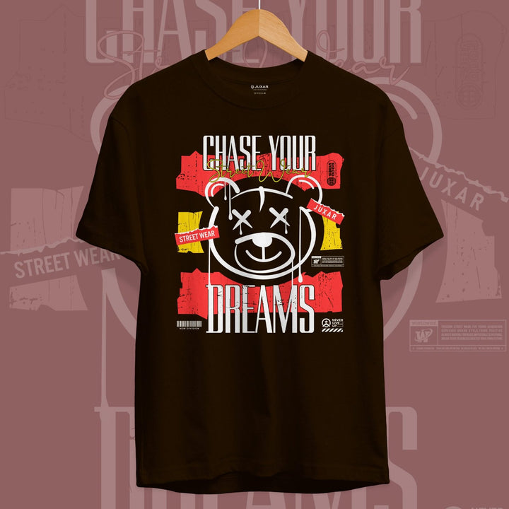 Juxar black pure cotton round neck t shirt with chase your dreams graphic and bear design