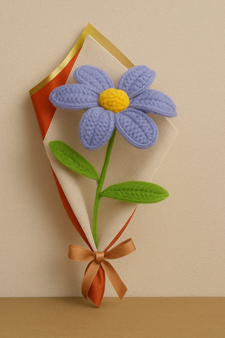 Juxar purple lily wool flower gift crochet with green leaves wrapped in decorative paper and tied with brown ribbon