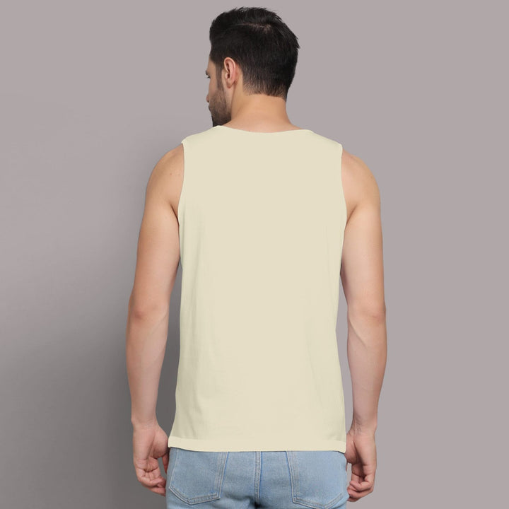 Back view of mens workout sando in light beige by Juxar with sleeveless design and casual fit