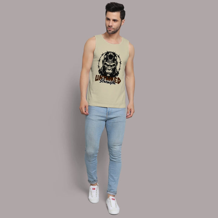 Juxar men's beige workout sando with graphic print worn with light blue jeans and white sneakers