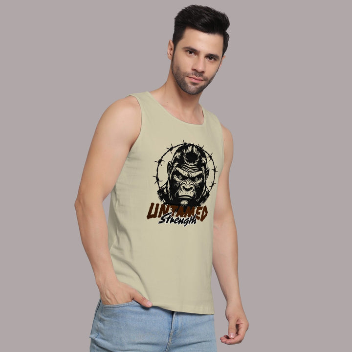 Juxar men's workout sando in beige with gorilla graphic and unlimited strength text