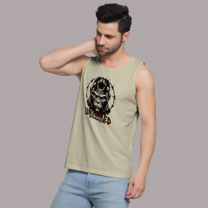 Juxar men's workout sando in beige with gorilla graphic and unlimited strength print