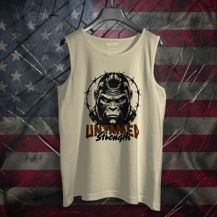 Juxar mens workout sando with untamed strength gorilla graphic on beige fabric