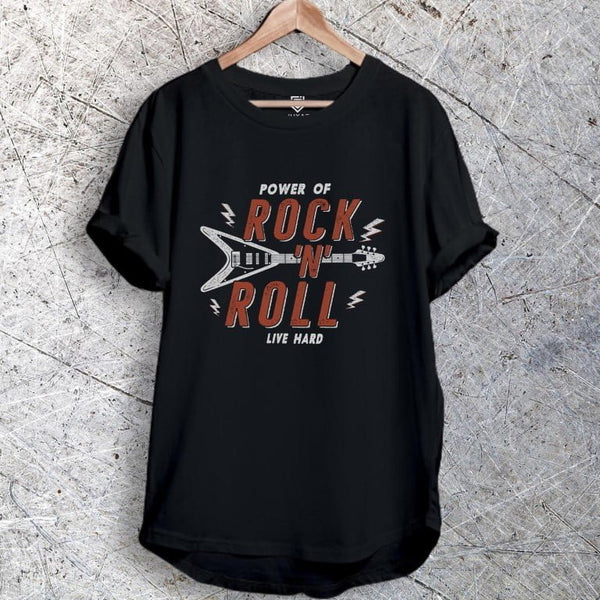 Juxar cotton layered style longline tee black with vintage rock n roll guitar graphic on hanger