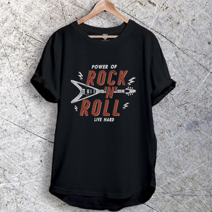 Juxar cotton layered style longline tee black with vintage rock n roll guitar graphic on hanger