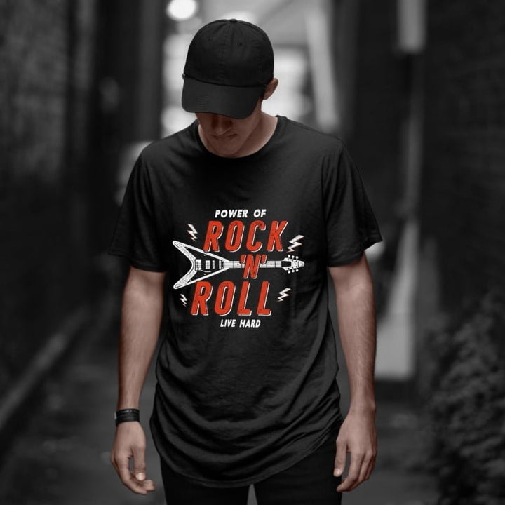 Juxar black cotton longline tee featuring Rock N Roll guitar graphic worn by male model in alley layered style longline tee