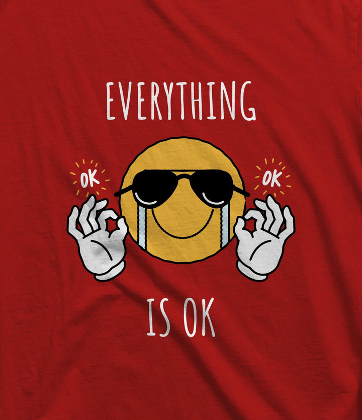Juxar mens cute emoji printed sando with smiling emoji wearing sunglasses and text everything is ok on red fabric