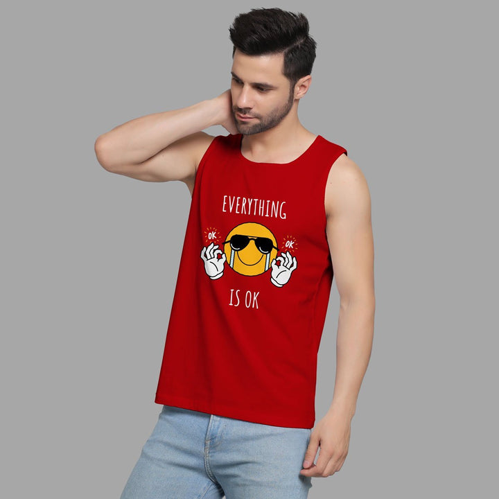 Juxar men's cute emoji printed sando in red with sunglasses emoji and everything is ok text