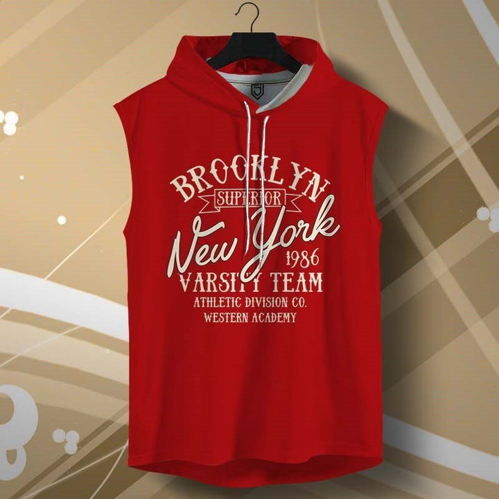 Juxar mens red sleeveless loose fit hoodie with Brooklyn New York varsity team print