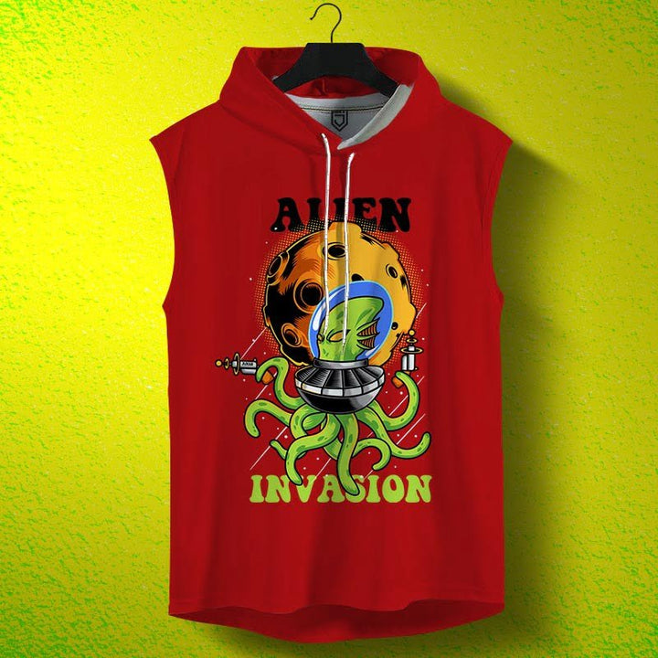 Juxar mens moisture-wicking hoodie sleeveless red alien invasion graphic design