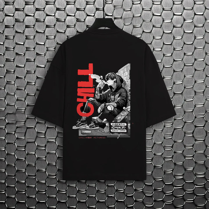 Juxar black cotton oversized t-shirt featuring red zone chill oversized t-shirt graphic print on back