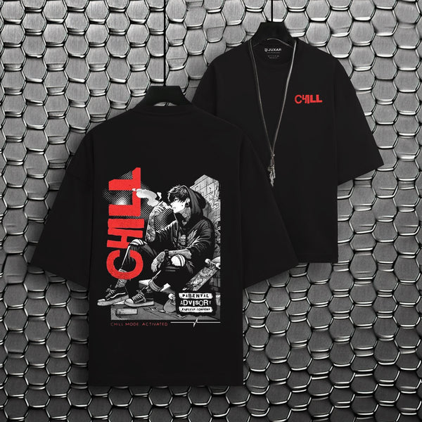 Red zone chill oversized t-shirt by Juxar in black featuring graphic design and text print on front and back
