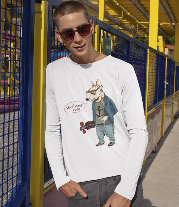 Juxar white vintage printed long sleeve t shirt featuring skateboarding dog graphic worn by male model at amusement park