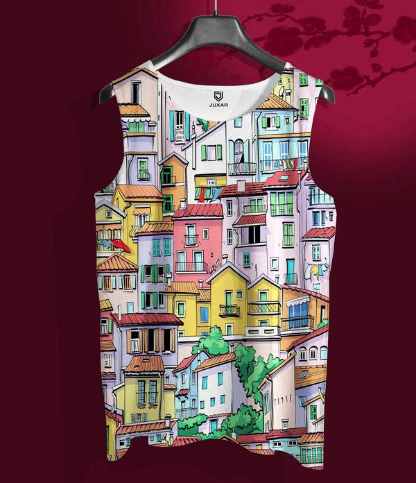 Juxar colorful running vest men with vibrant cityscape design on lightweight fabric