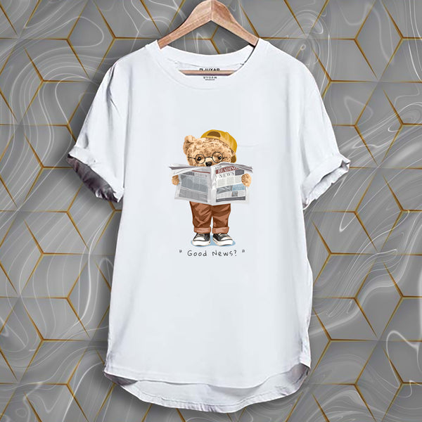 Juxar white cotton longline tee with bear reading newspaper print stylish longline cotton tee for casual wear