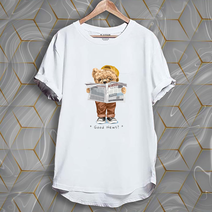 Juxar white cotton longline tee with bear reading newspaper print stylish longline cotton tee for casual wear