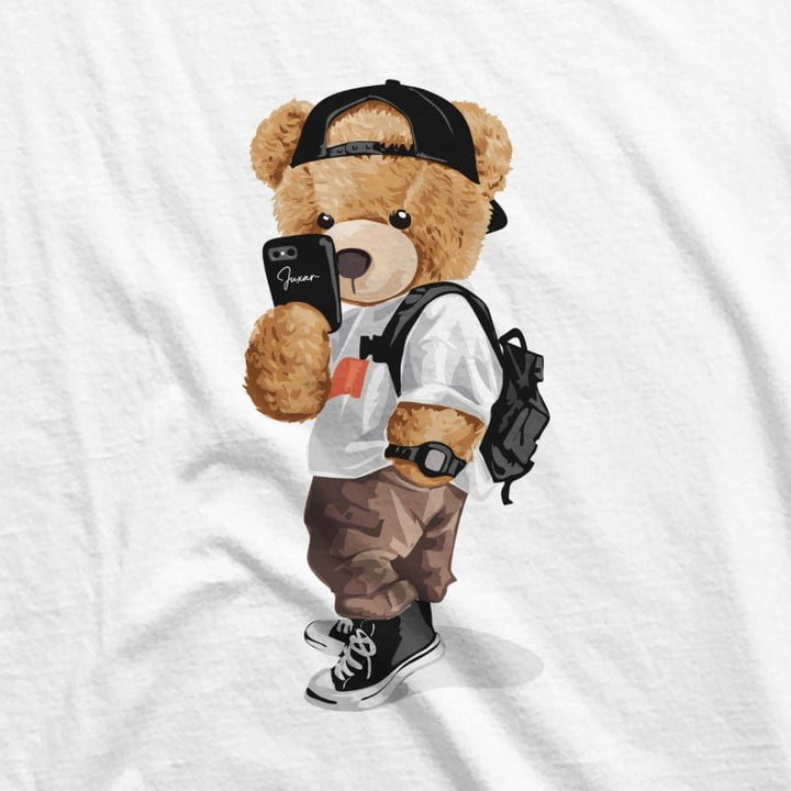 Juxar casual cotton longline tee with urban teddy bear graphic wearing cap backpack and sneakers