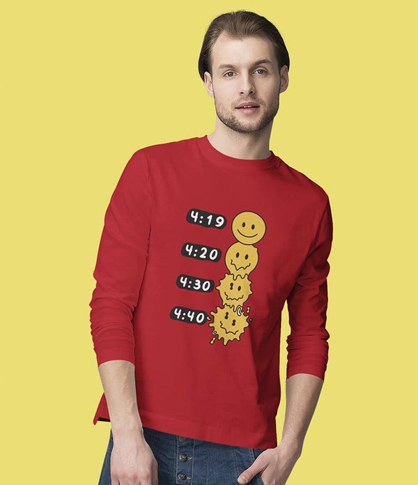 Juxar red custom printed cotton long sleeve t shirt on male model with vertical cartoon smiley timer graphics