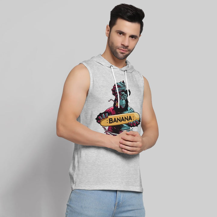 Juxar mens sleeveless hip length hoodie in light gray with banana graphic print