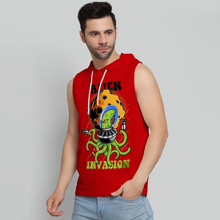 Juxar men's red sleeveless moisture-wicking hoodie with alien invasion graphic print