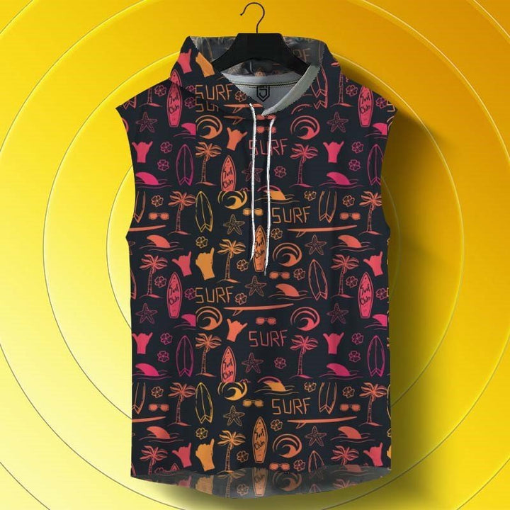 Juxar mens sleeveless surf hoodie with colorful surfboard and palm tree print on black background