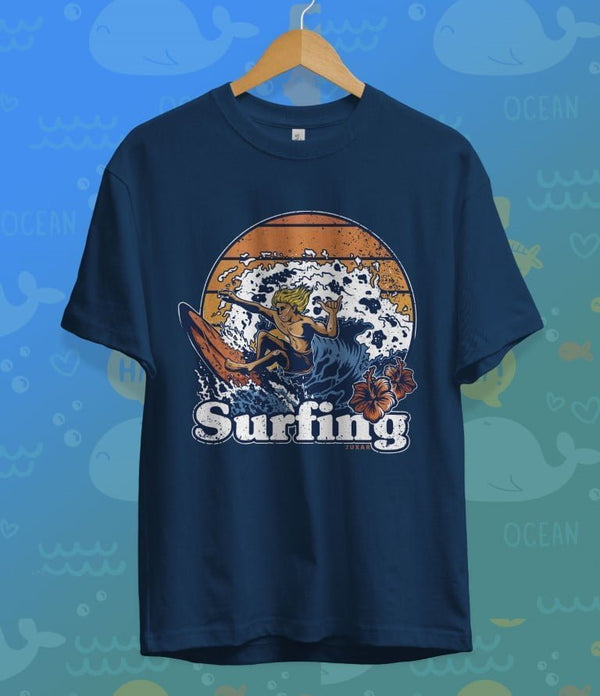 Juxar slim fit cotton t shirt in navy blue with surfing graphic and floral design