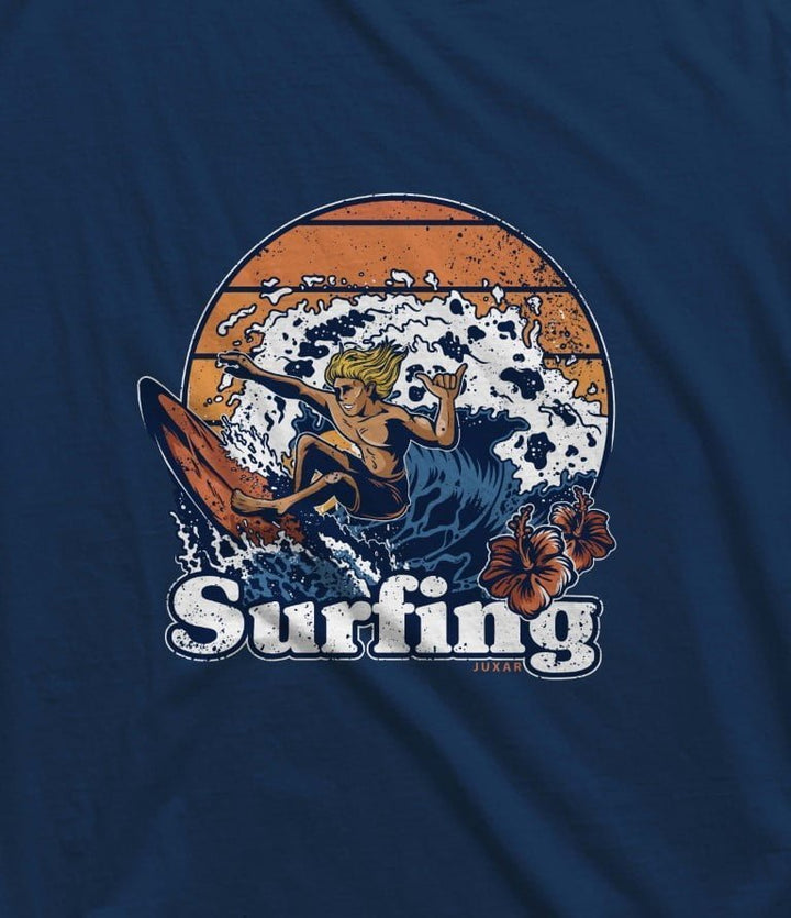 Juxar slim fit cotton t shirt in navy blue with graphic surfing design and floral accents
