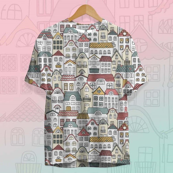 Juxar printed slogan t-shirt for events featuring colorful house illustrations on back