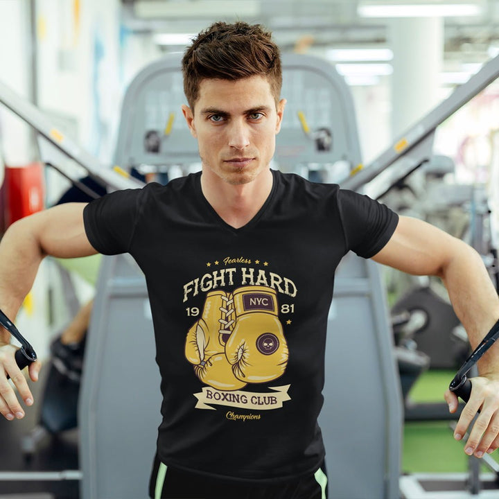 Juxar soft cotton t shirt India with boxing gloves graphic worn by man working out in gym