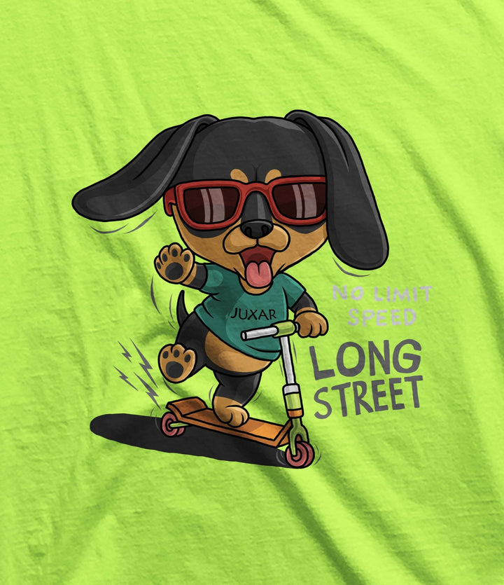 Juxar soft feel cotton t shirt for everyday use with playful dog on scooter graphic on lime green fabric