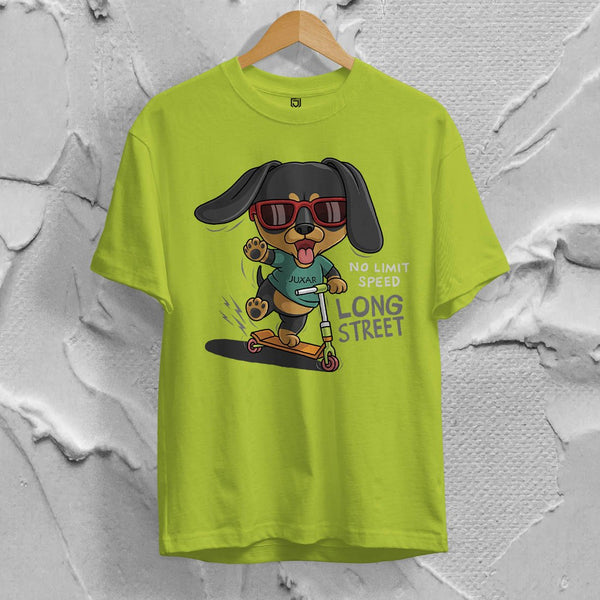 Juxar soft feel cotton t shirt for everyday use featuring a dog on a scooter graphic in lime green