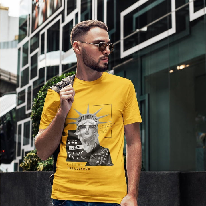Juxar soft feel cotton t shirt for everyday use in yellow with NYC graphic design