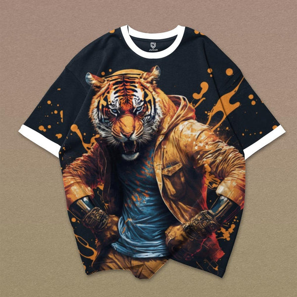 SPLATZ streetwear t-shirt mens black tee with fierce tiger head graphic wearing leather jacket and paint splatters