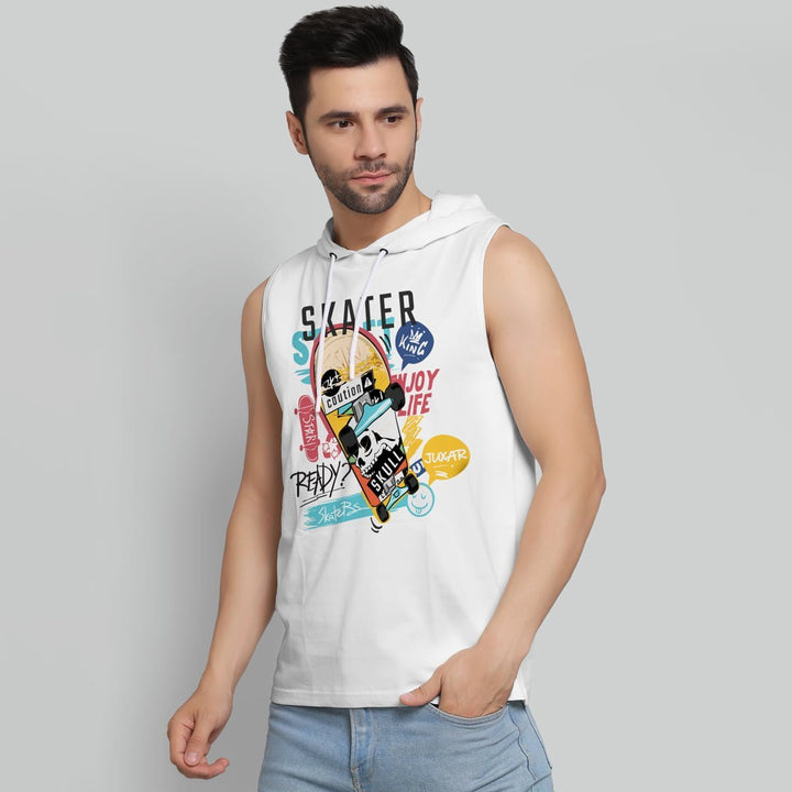 Juxar men's white sports hoodie sando with skateboard graphic and sleeveless design