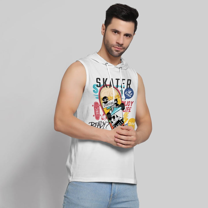 Juxar mens white sports hoodie sando with colorful skateboarding graphic and sleeveless design