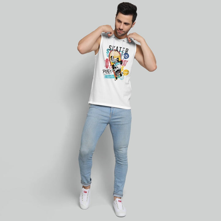 Juxar mens sports hoodie sando sleeveless white top with graphic print paired with light blue jeans