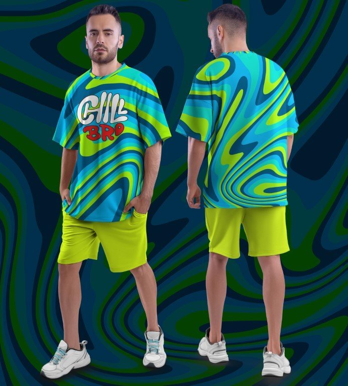 Juxar cool printed oversized t shirt streetwear blue green swirl print oversized fit shown front and back