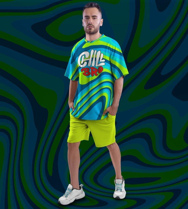 Juxar model wearing cool printed oversized t shirt streetwear neon swirl graphic oversized fit for casual urban style