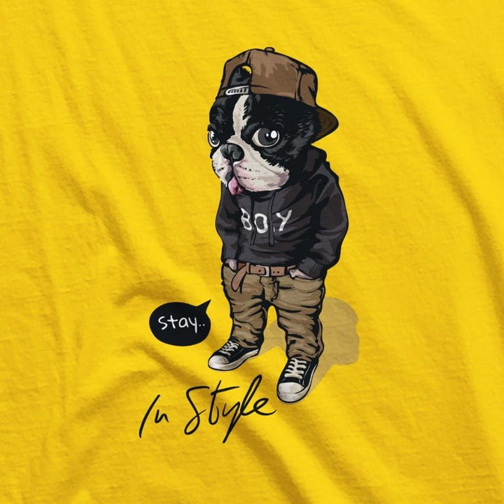 Juxar breathable cotton longline t shirt yellow with hip hop dog graphic wearing cap hoodie and sneakers